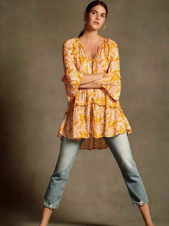 Anthropologie Mia Tiered Boho Ruffle Peasant Tunic Top - Yellow Floral - Picture 1 of 12